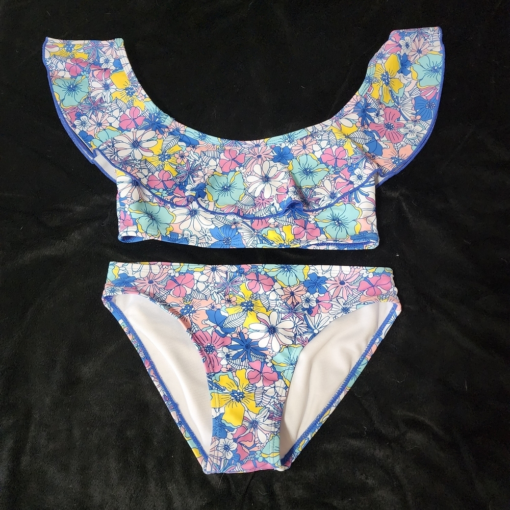 Floral Ruffle Bikini Set Off Shoulder | Dolphin Love | Size 10/12 (Girl)